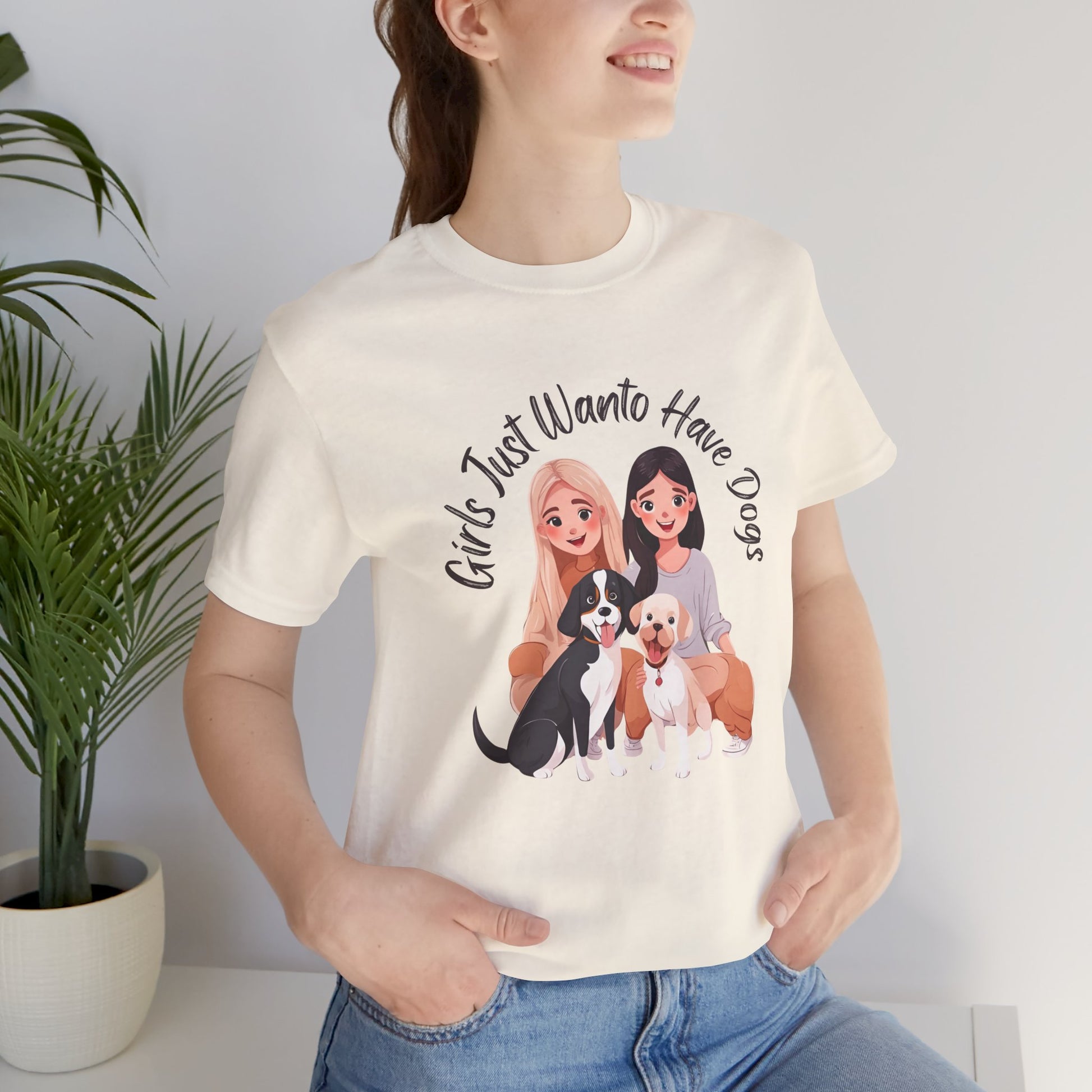 Girls Just Want to Have Dogs t-shirt on hanger, full garment view