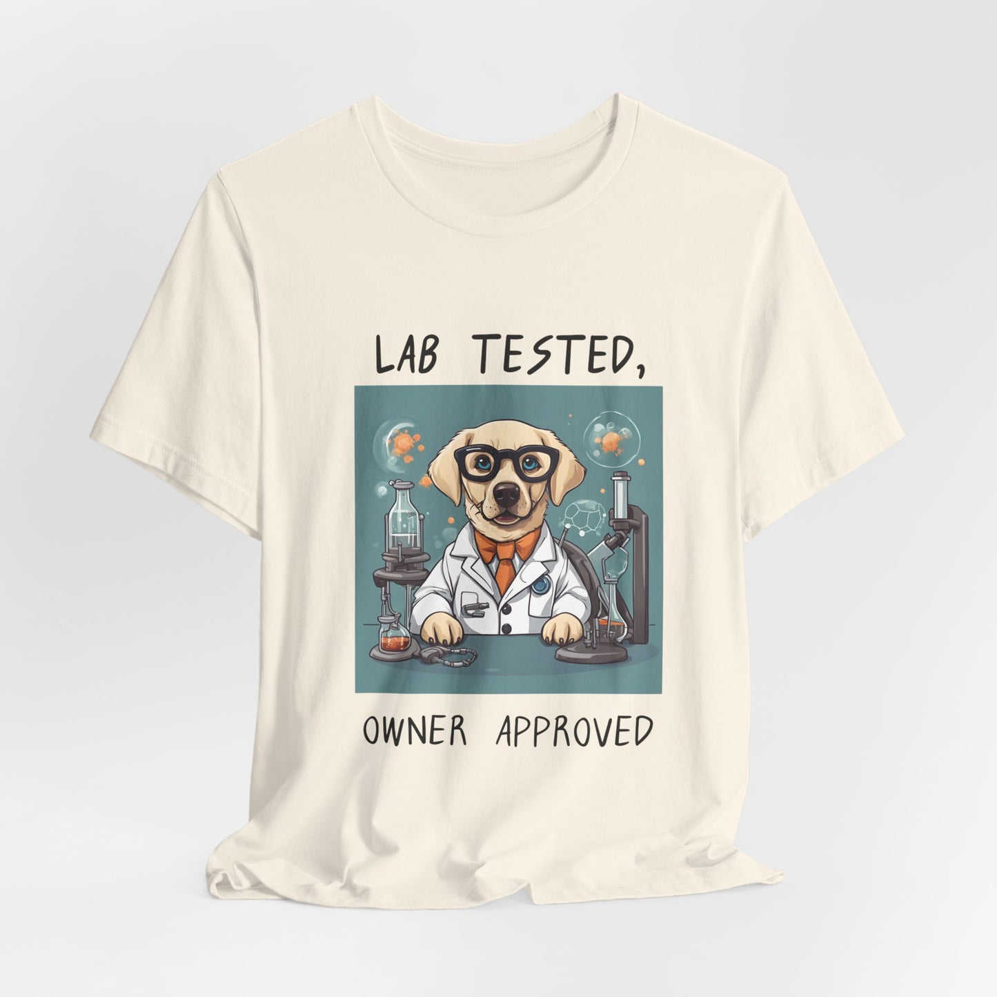 Lab Tested Owner Approved Labrador t-shirt in Natural, hanging front view