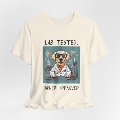 Lab Tested Owner Approved Labrador t-shirt in Natural, hanging front view