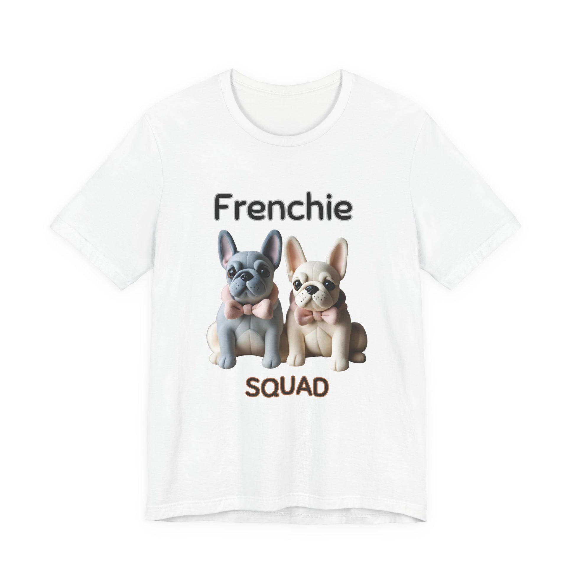 Frenchie Squad t-shirt in White — cute French Bulldog pups in bow ties graphic tee, front view