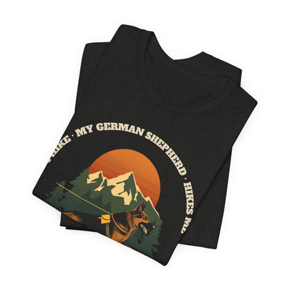 Black heather funny german shepherd hiking t-shirt detail