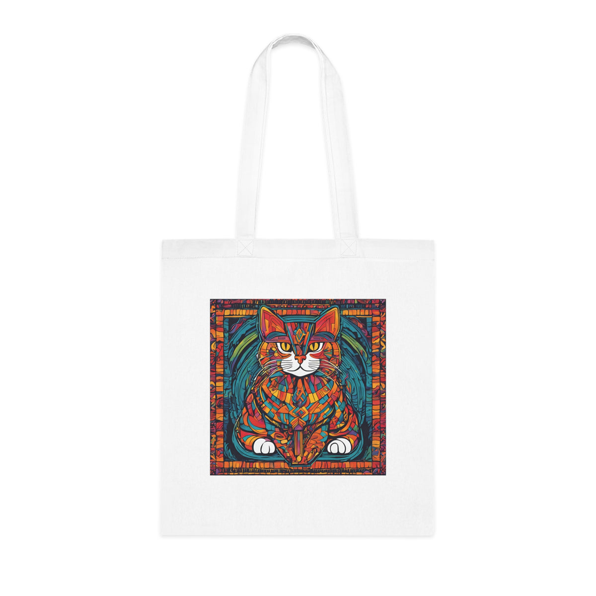 SniffWaggleNWalk cat tote bag shown hand-carried, grey colourway, stained glass design visible on both sides