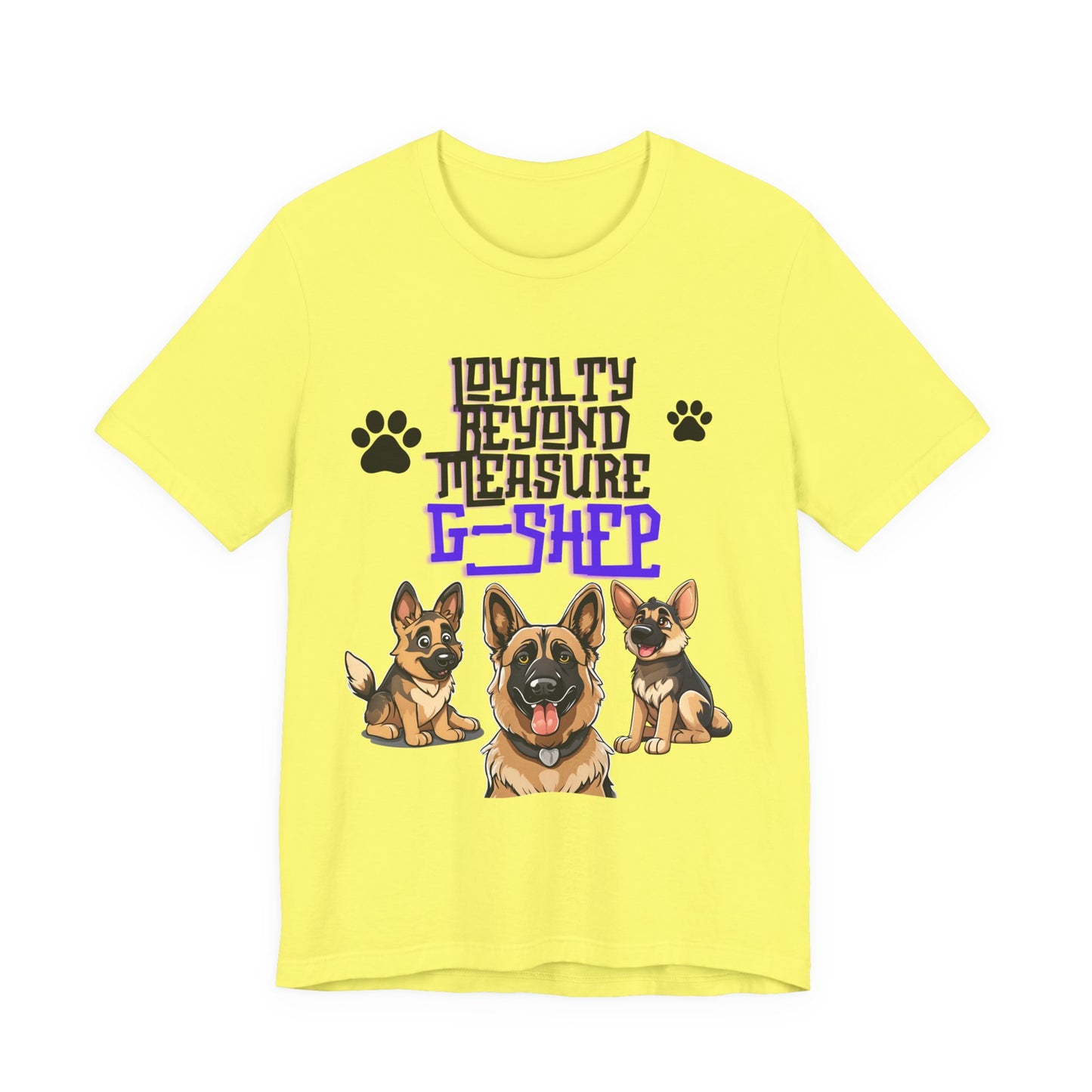 Loyalty Beyond Measure German Shepherd t-shirt in Yellow, flat lay front view