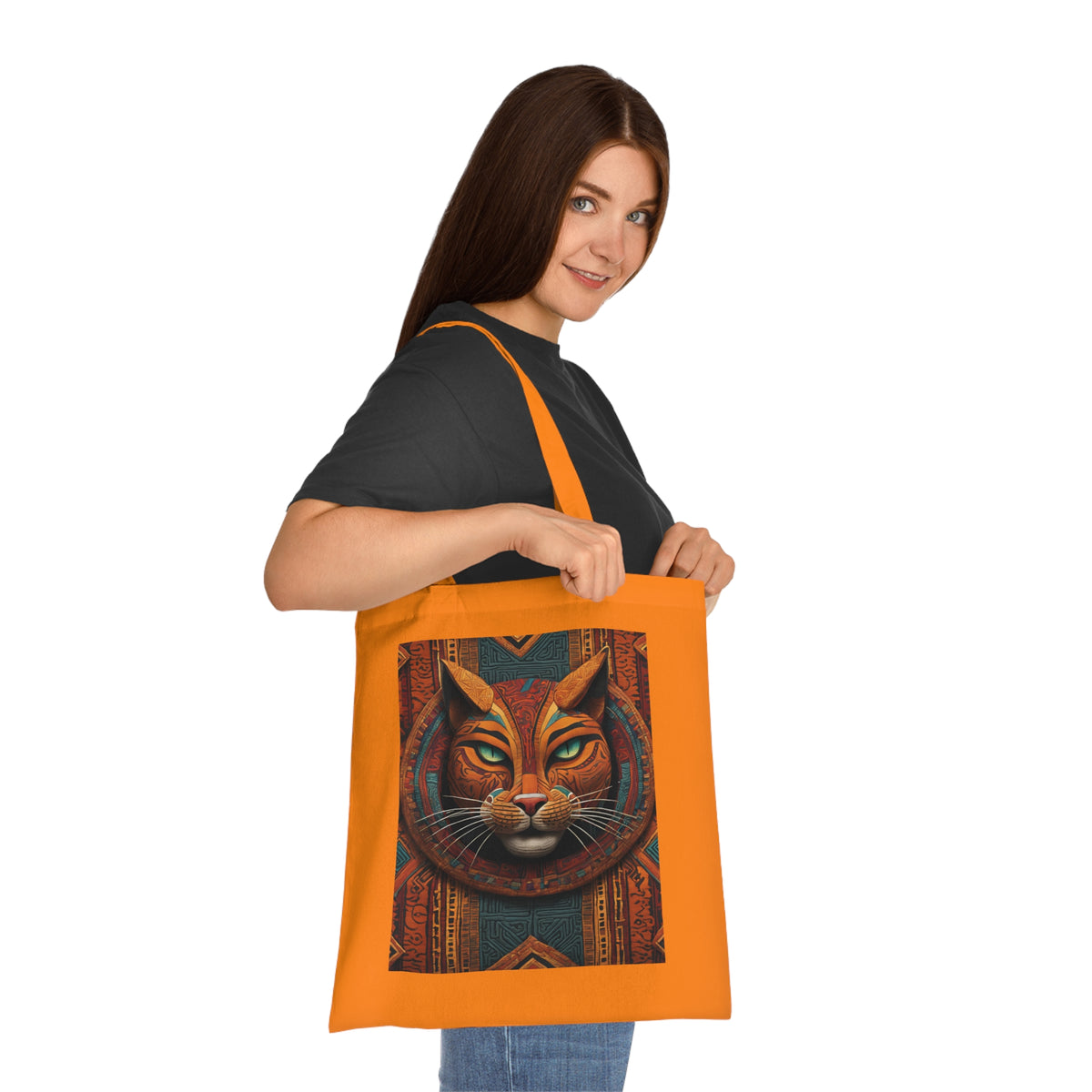 Egyptian cat tote bag in red, side view showing 30cm handle length and flat construction