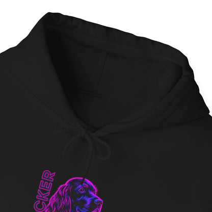 Dark heather Cocker Spaniel hoodie with neon dog graphic