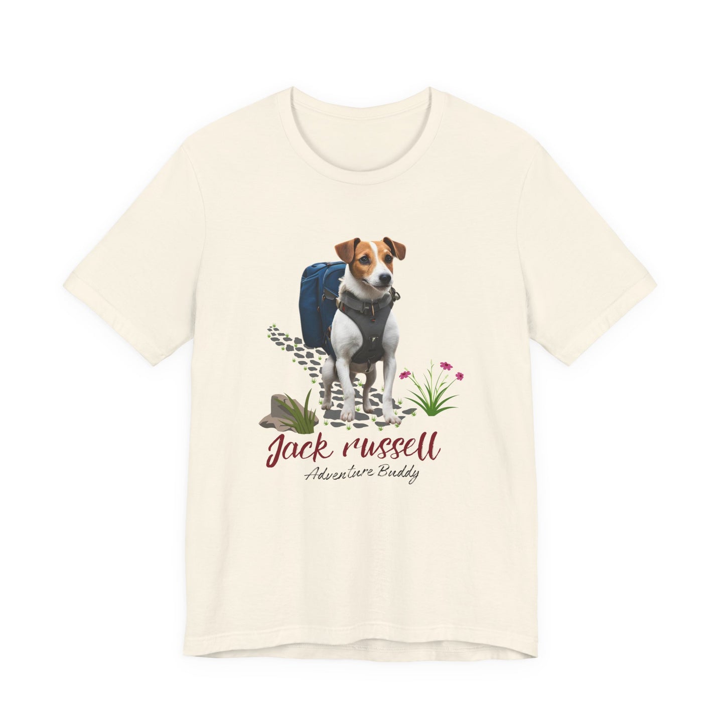 Natural Jack Russell Adventure Buddy unisex tee laid flat showing full hiking dog backpack print
