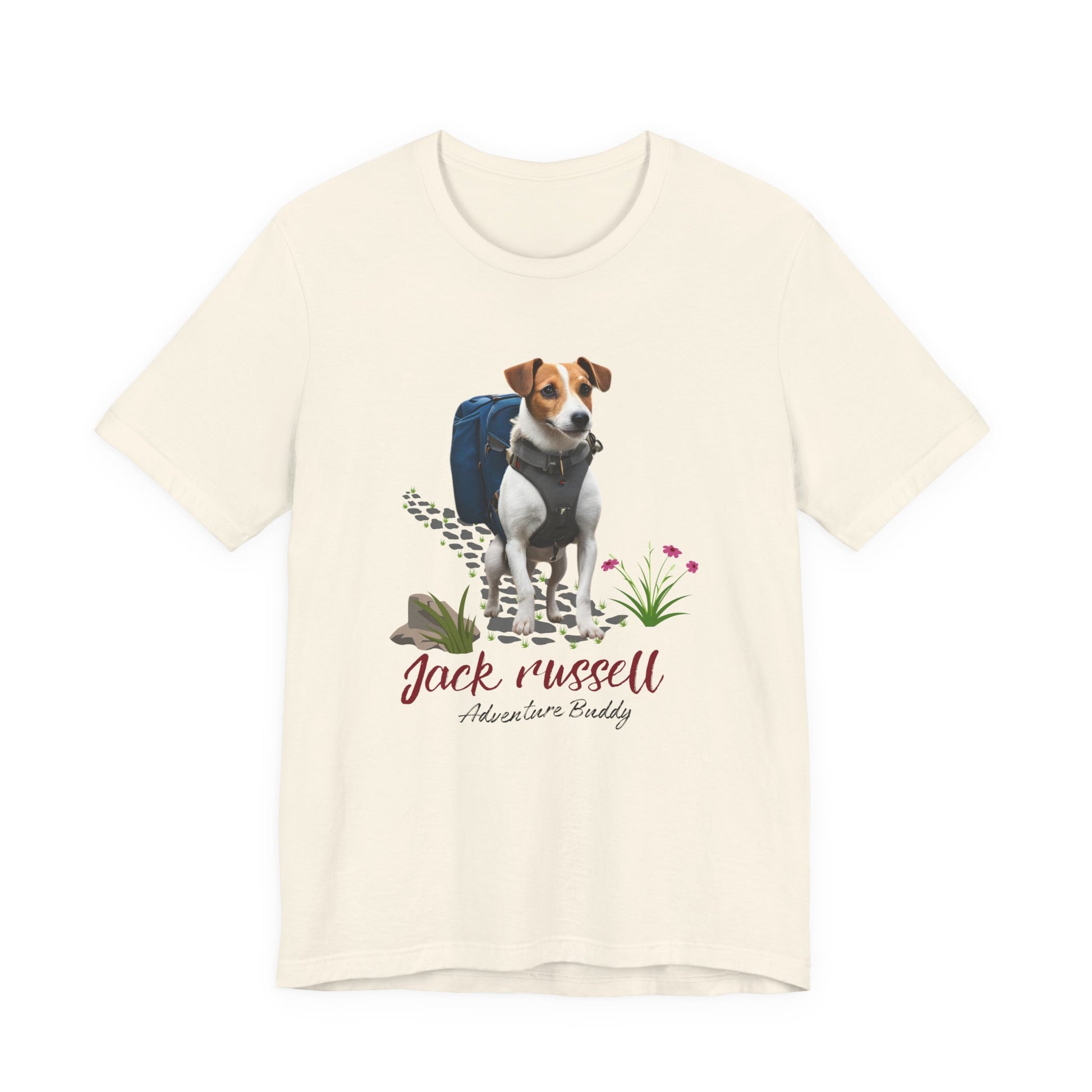 Natural Jack Russell Adventure Buddy unisex tee laid flat showing full hiking dog backpack print