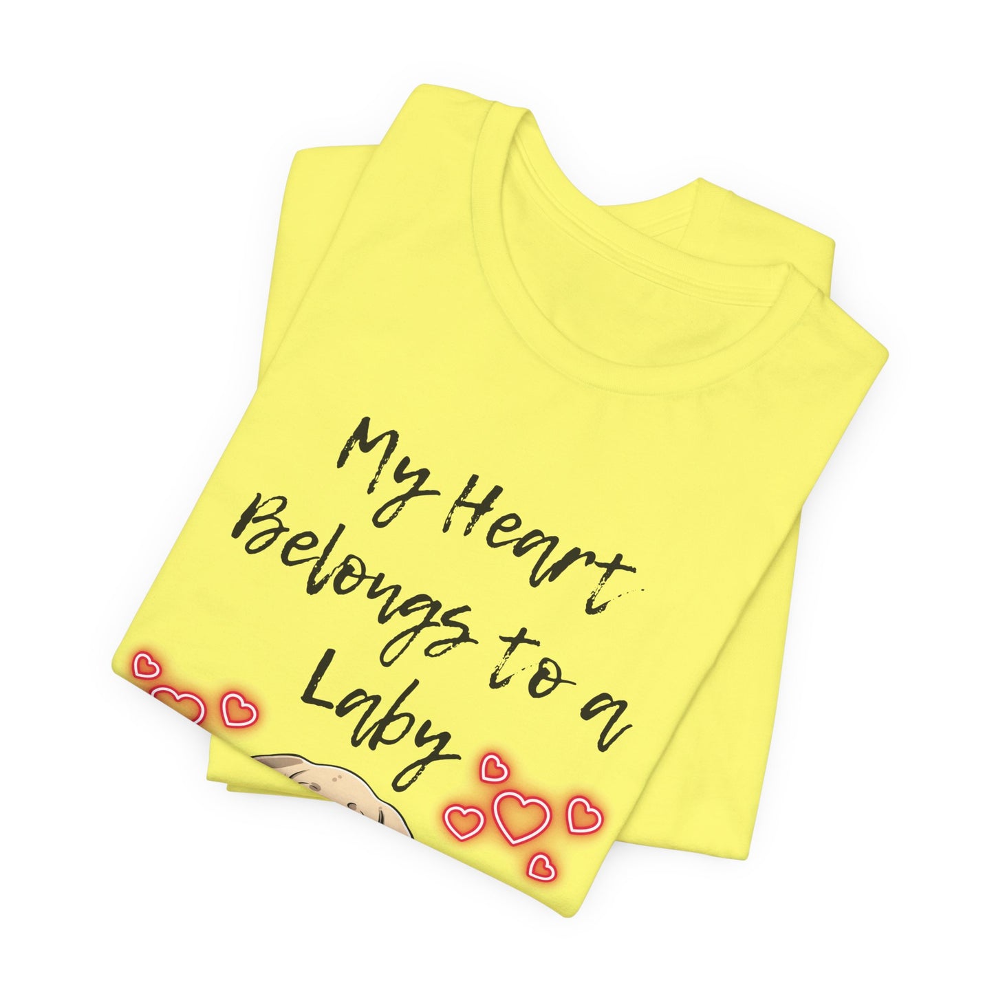 My Heart Belongs to a Laby Labrador t-shirt in Yellow, folded view showing Lab puppy and hearts print