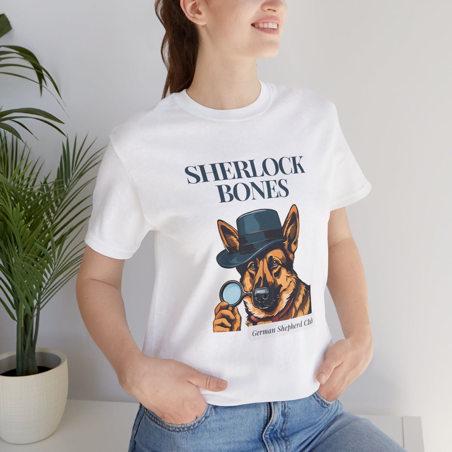 Sherlock Bones Detective Dog T-Shirt — White — funny dog pun tee — SniffWaggleNWalk™