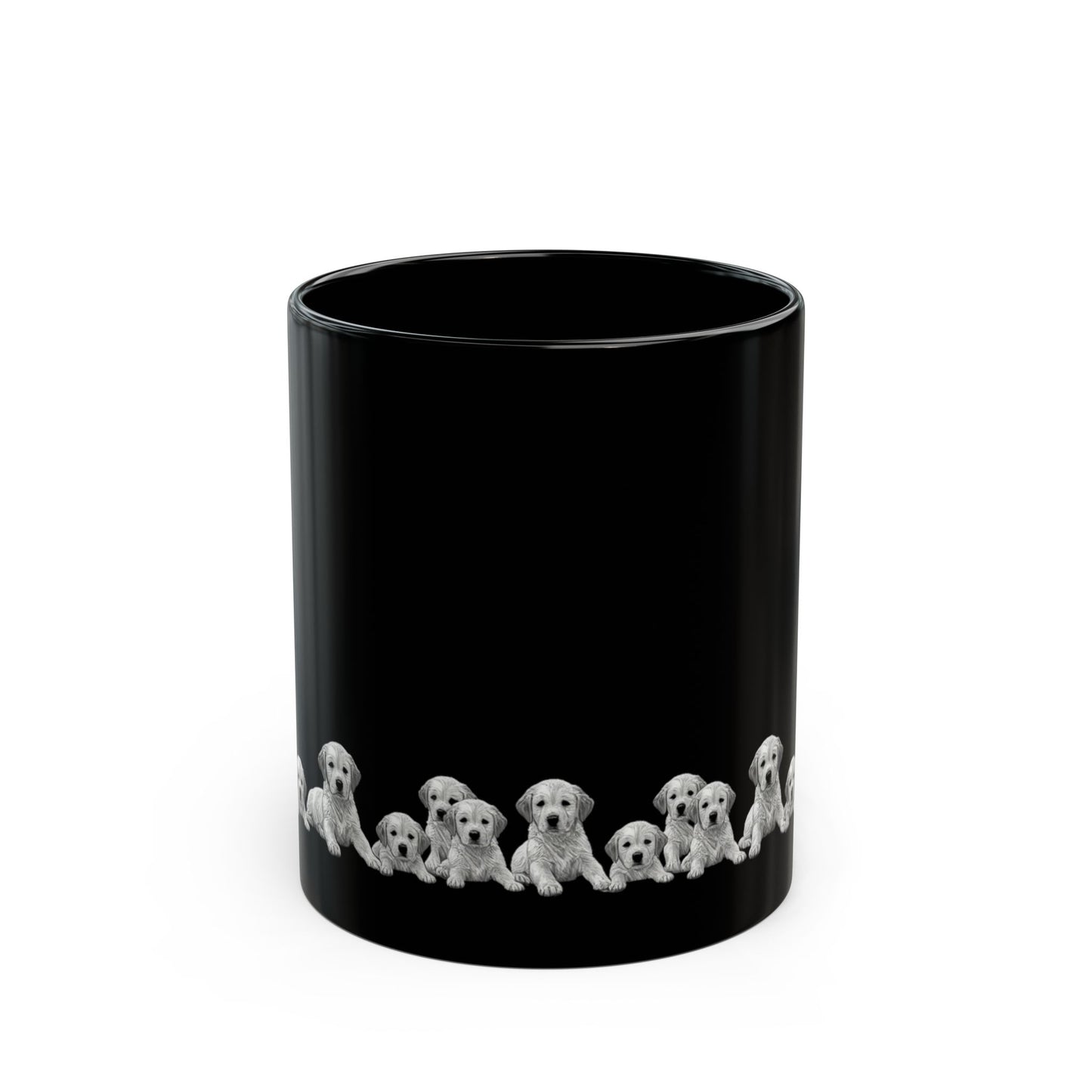 Black Puppy Row Mug — Cute golden retriever Puppies Ceramic Coffee Cup (11oz/15oz)