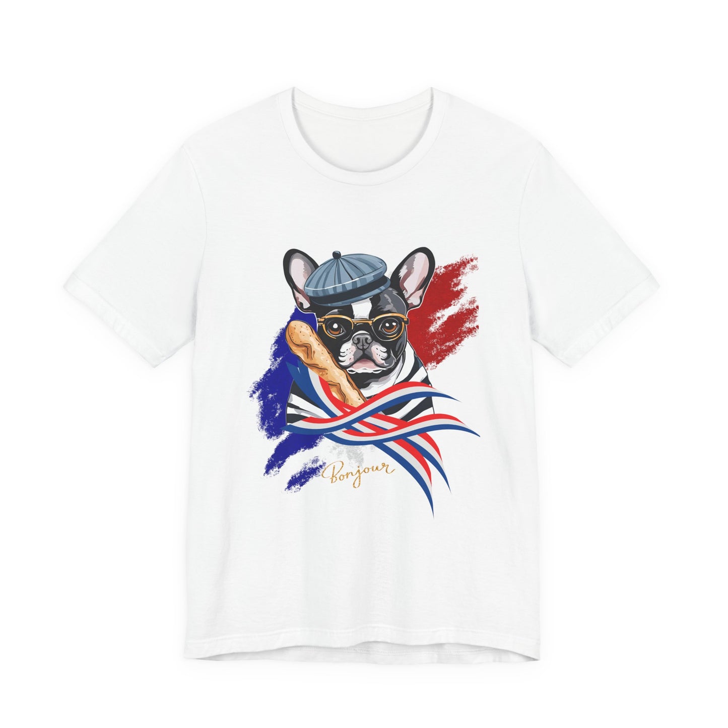 French Bulldog Baguette tee — Natural colourway flat lay showing full Frenchie graphic — SniffWaggleNWalk™