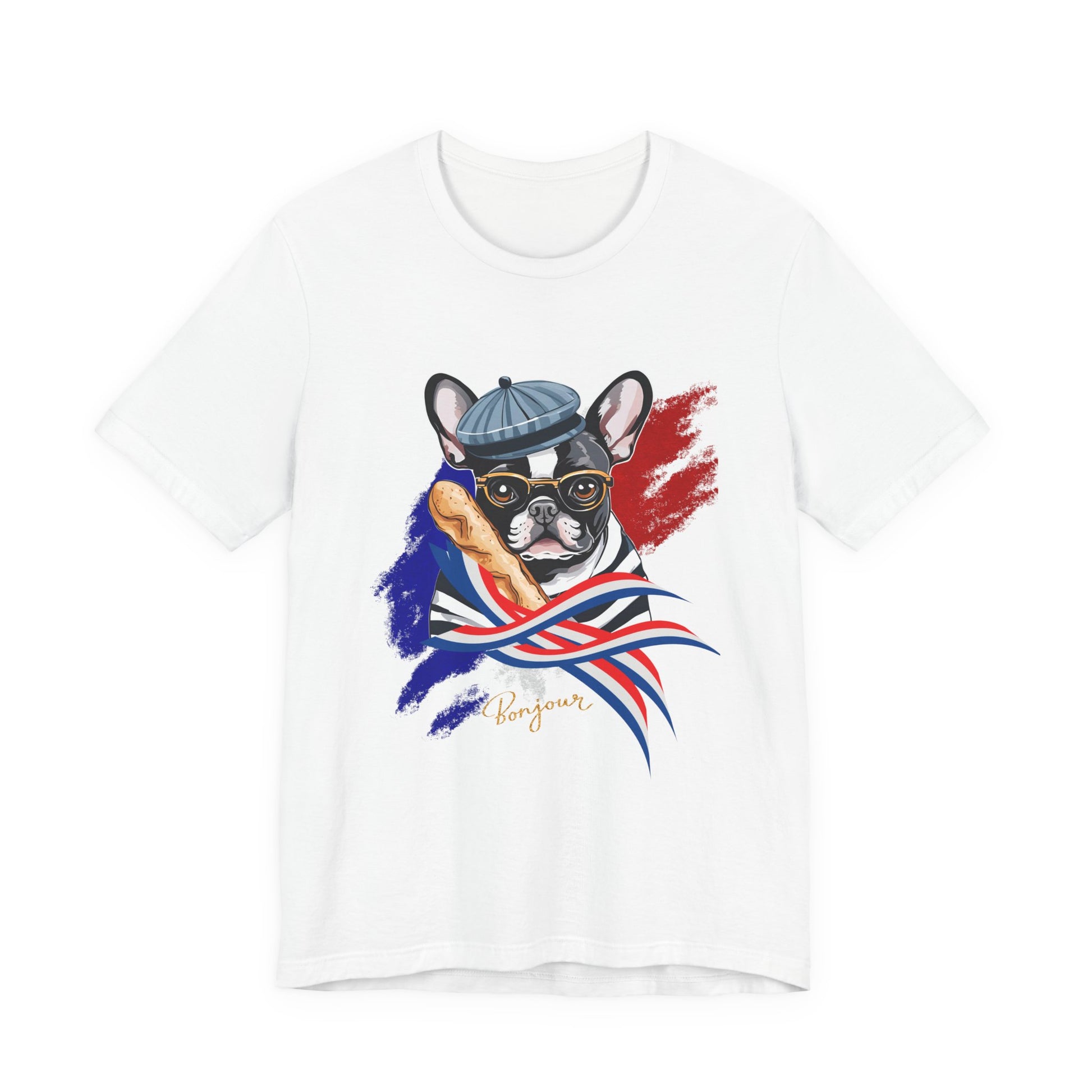 French Bulldog Baguette tee — Natural colourway flat lay showing full Frenchie graphic — SniffWaggleNWalk™