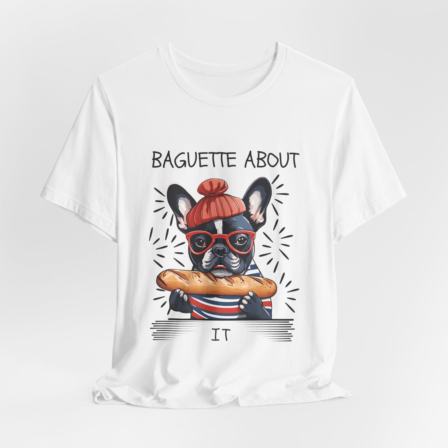 Frenchie pun t-shirt flat lay Natural colourway — SniffWaggleNWalk™