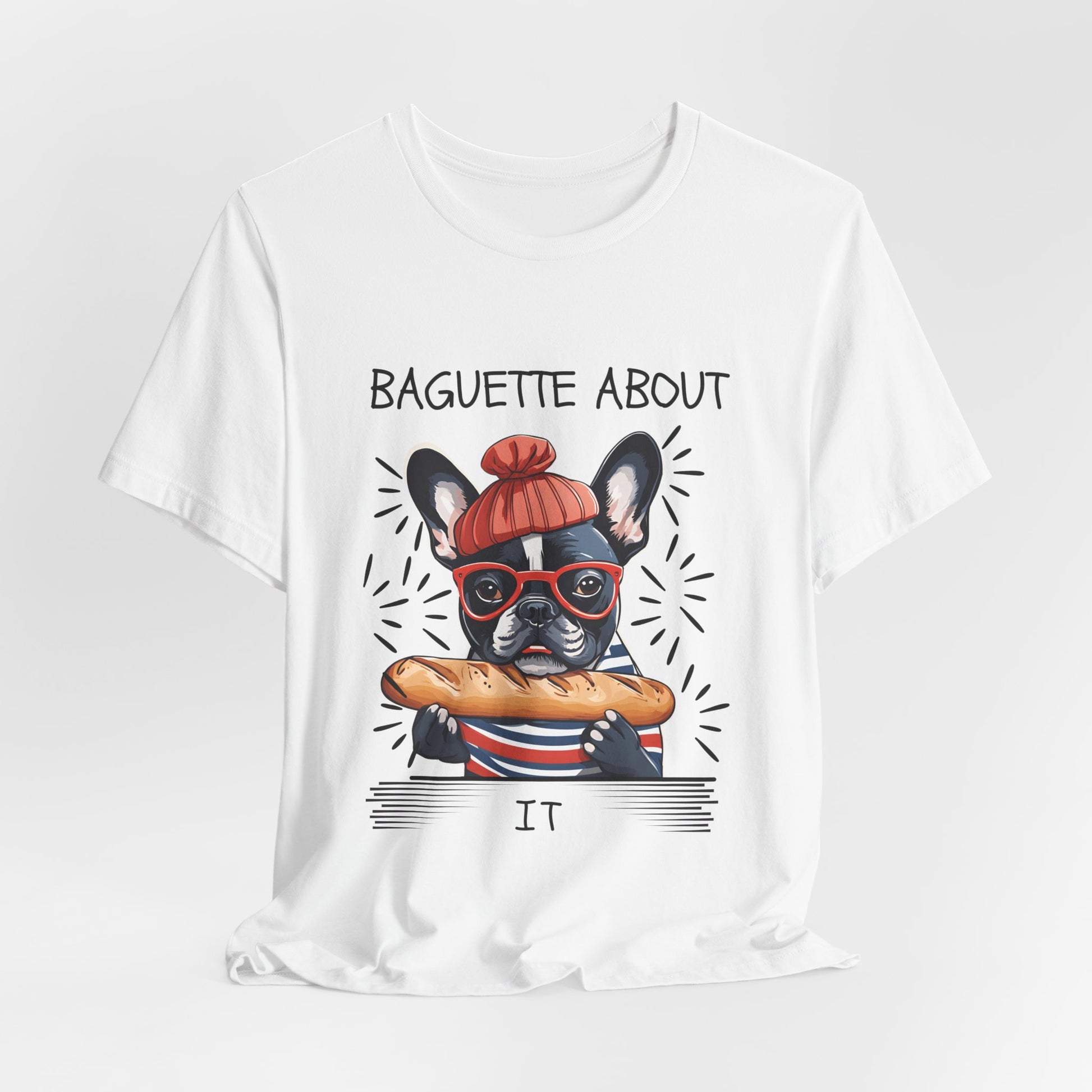 Frenchie pun t-shirt flat lay Natural colourway — SniffWaggleNWalk™