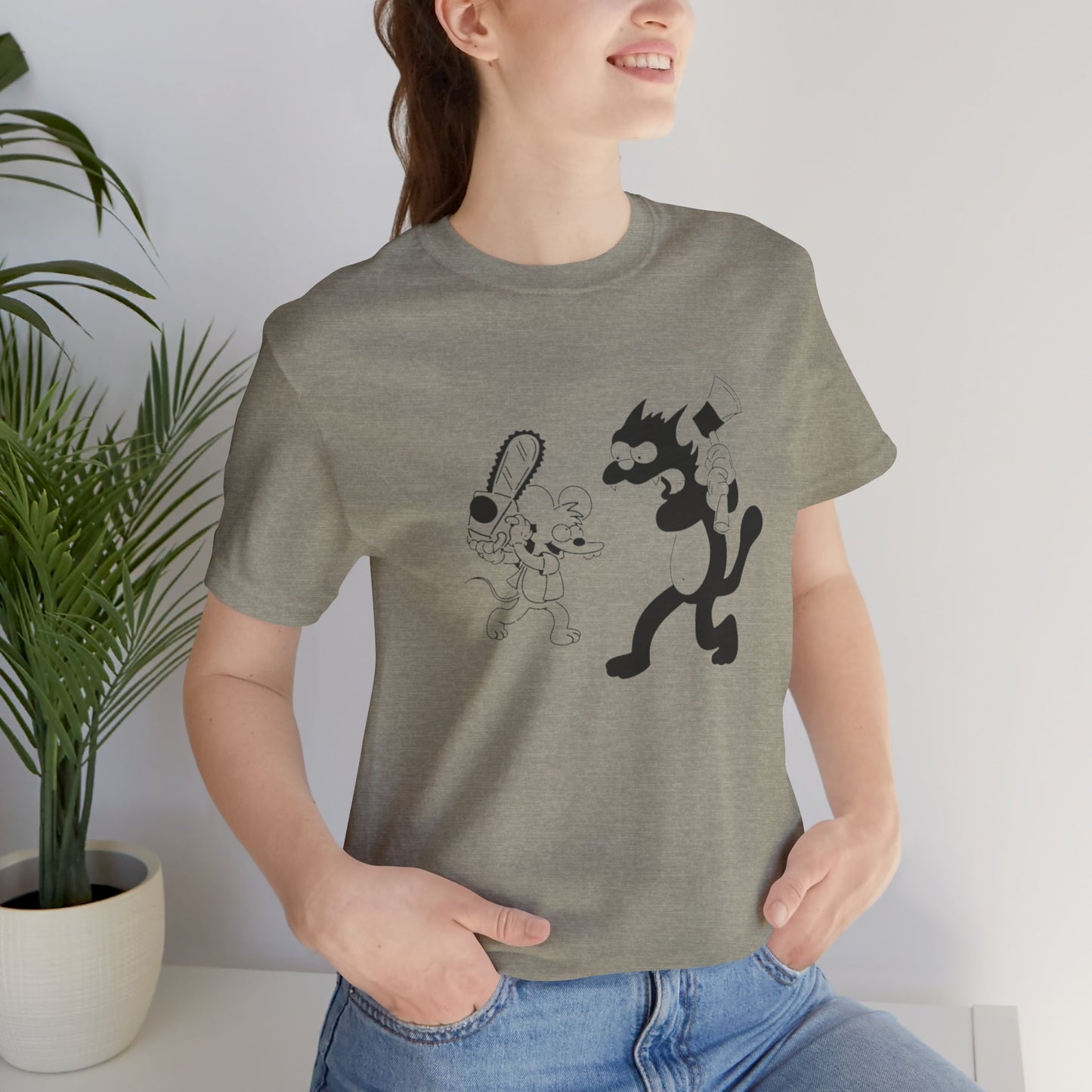 The Itchiest Scratchiest t-shirt — model wearing Heather Blue, cartoon graphic front