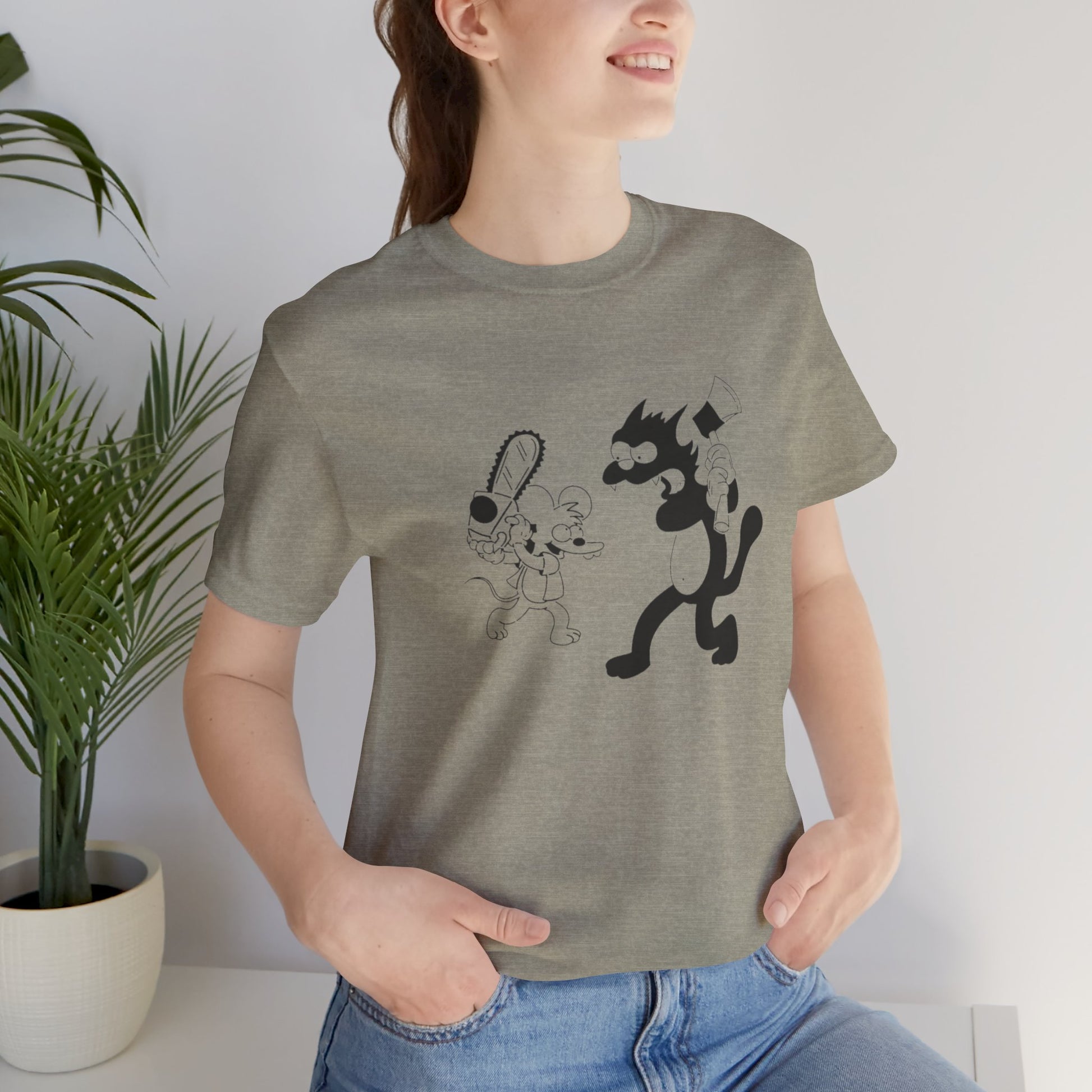 The Itchiest Scratchiest t-shirt — model wearing Heather Blue, cartoon graphic front