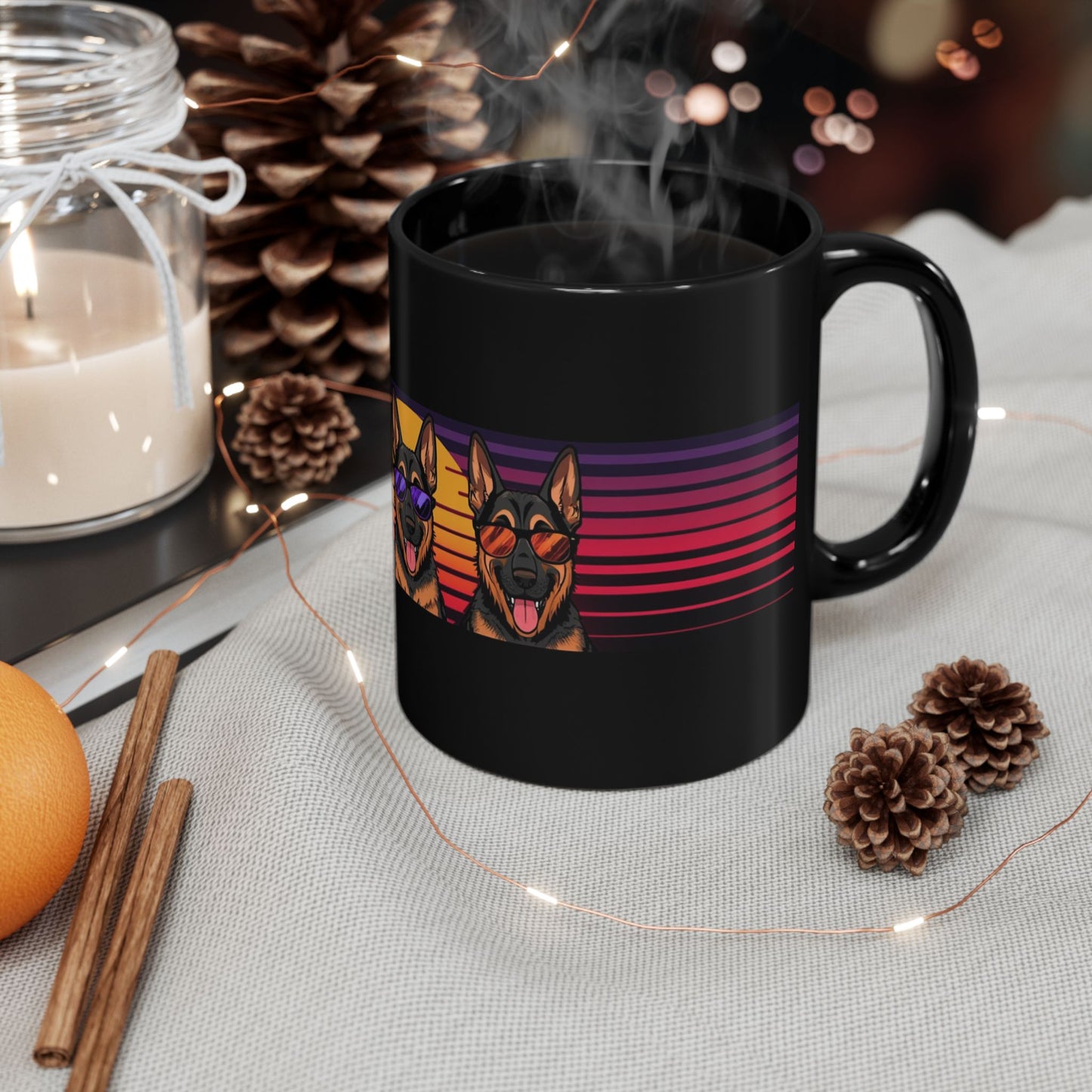 Retro German Shepherd Black Coffee Mug — Sunglasses Dog Trio