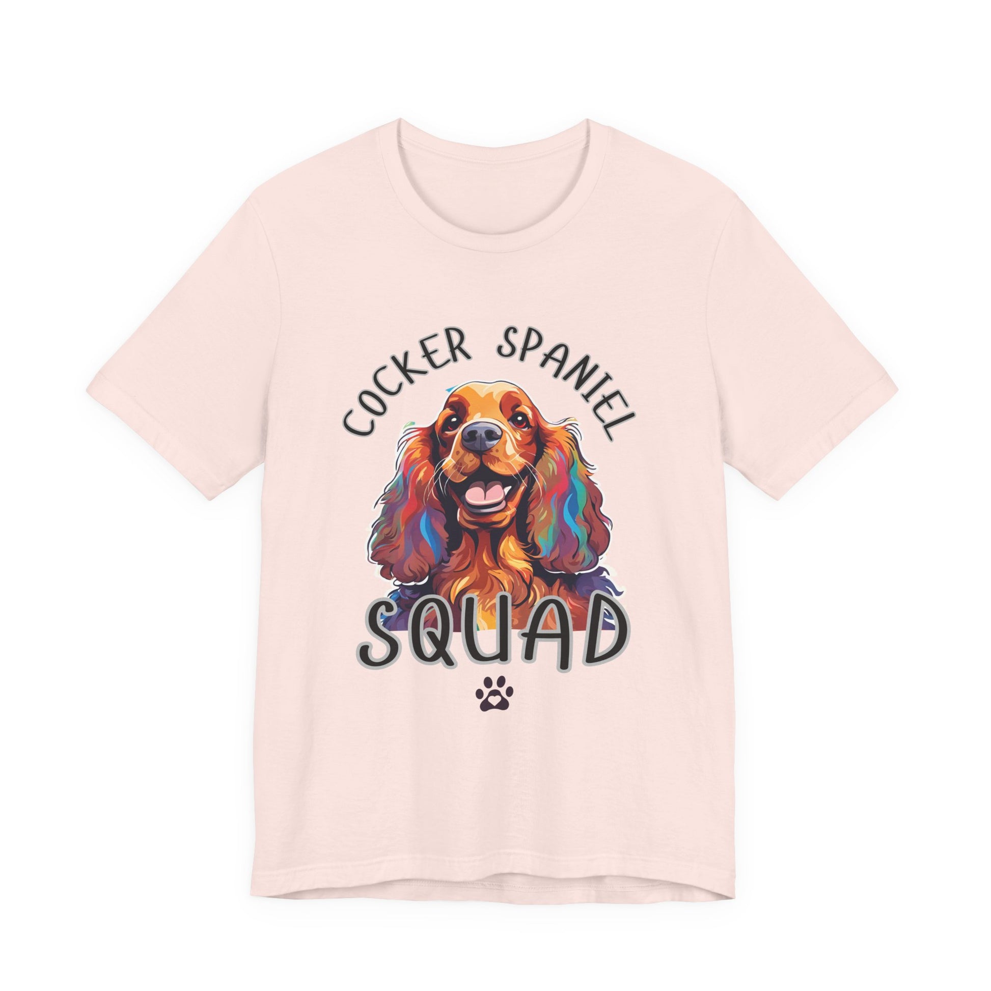 Cocker Spaniel Squad pop-art t-shirt in Soft Pink, flat lay front view