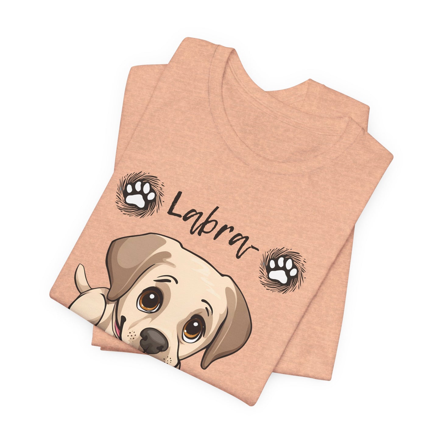 Labra-DORABLE Labrador puppy t-shirt in Heather Peach, folded view showing Labrador puppy print