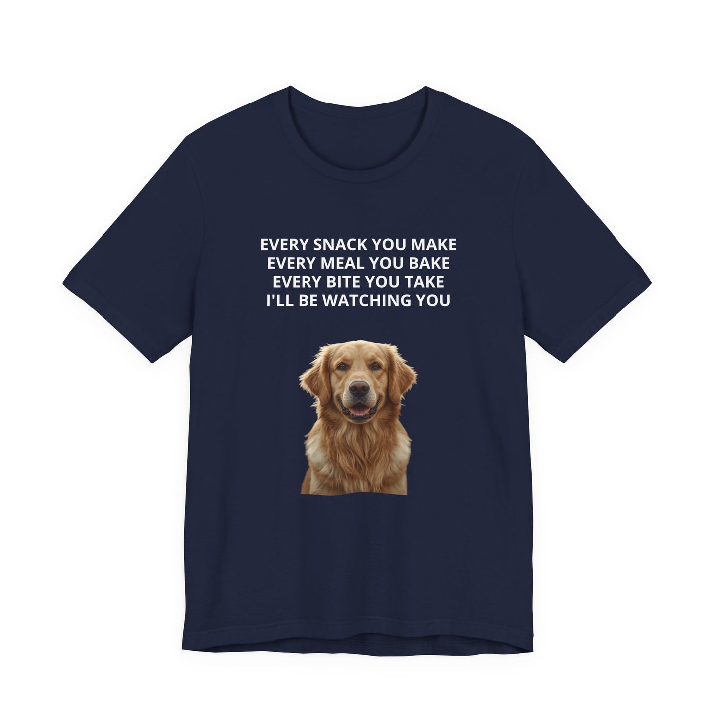 Personalized dog photo t-shirt in Navy, flat lay close-up of front design with custom pet photo