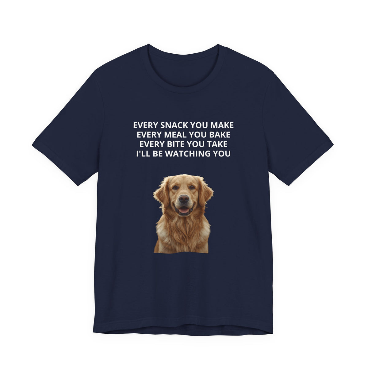 Personalized dog photo t-shirt in Navy, flat lay close-up of front design with custom pet photo