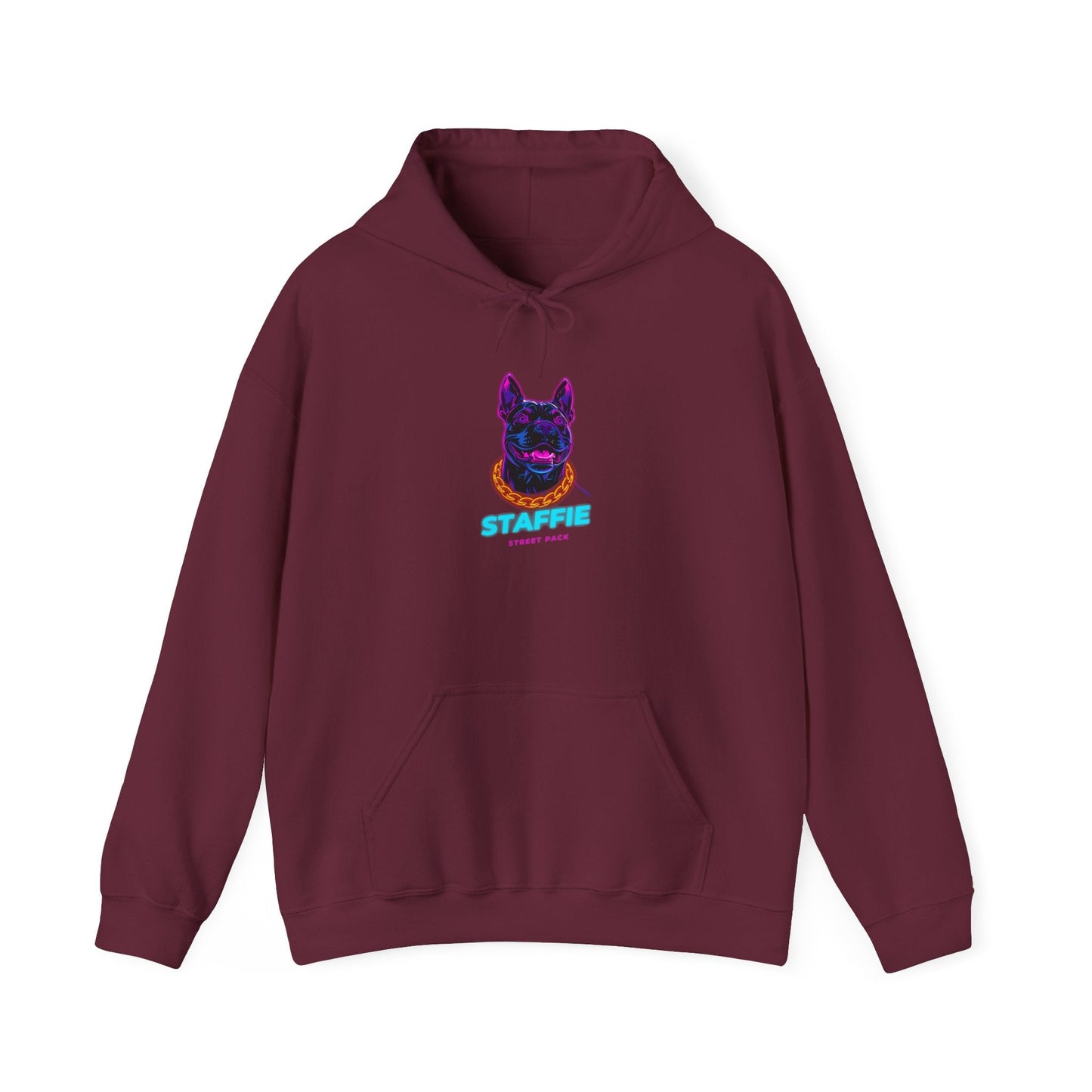 Neon Staffie hoodie with STAFFIE wordmark and magenta Street Pack tagline