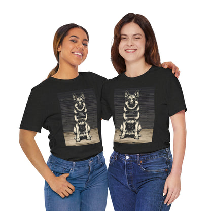 German Shepherd True Crime Night Shift mugshot t-shirt, black, front view on model