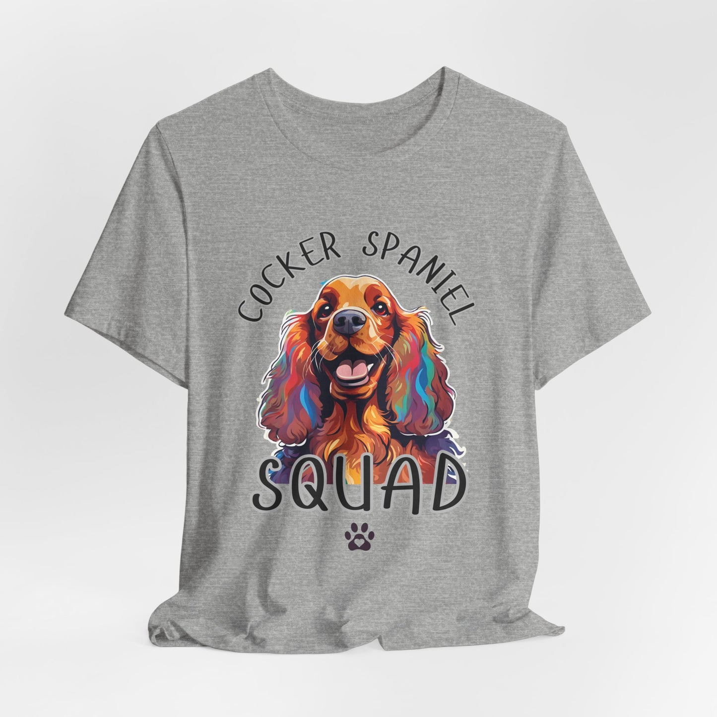 Cocker Spaniel Squad pop-art t-shirt in Athletic Heather, hanging front view
