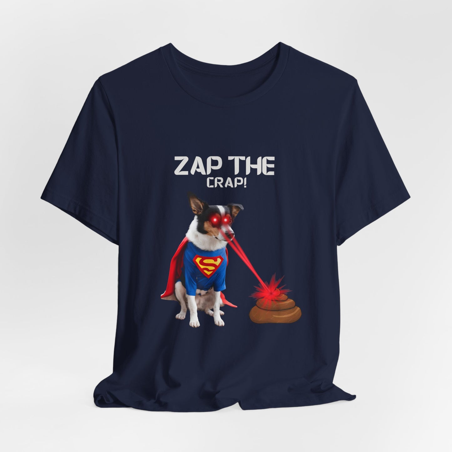 Laser Poo Edition t-shirt — Red, modelled view, funny dog lover gift idea
