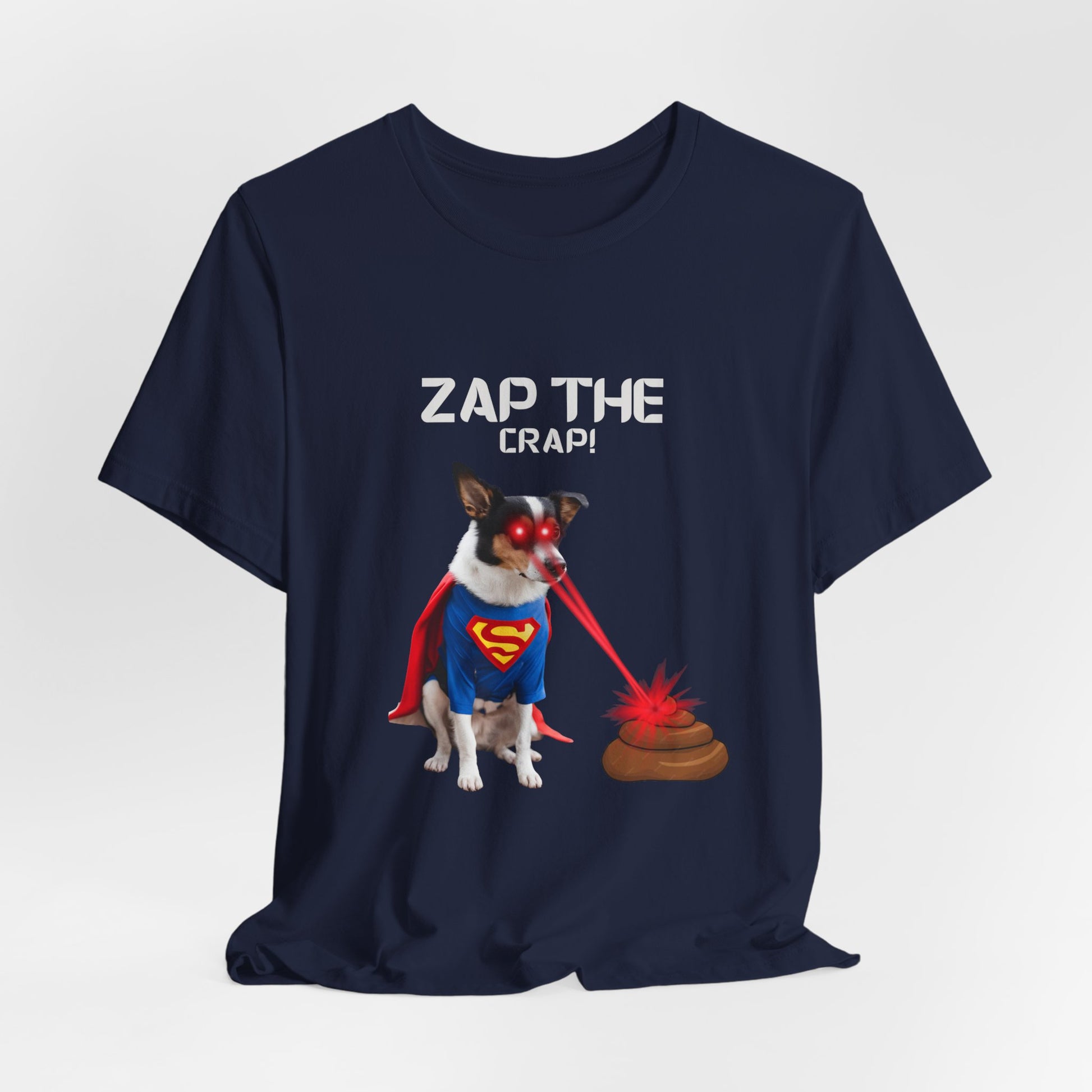 Laser Poo Edition t-shirt — Red, modelled view, funny dog lover gift idea