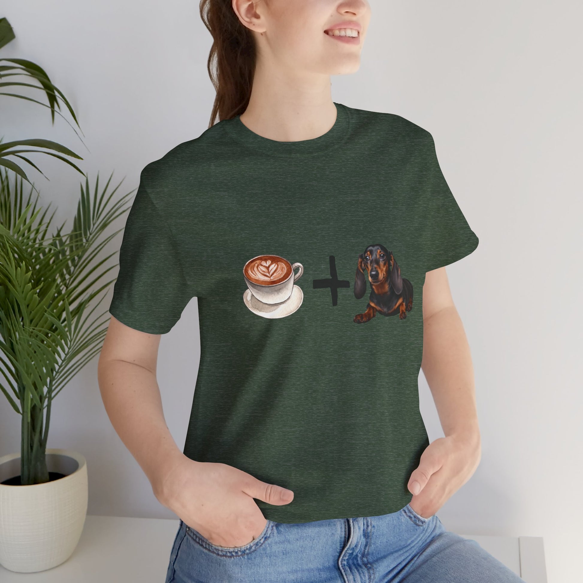 Coffee and Dachshunds T-Shirt — Gold — earthy colour palette — SniffWaggleNWalk™