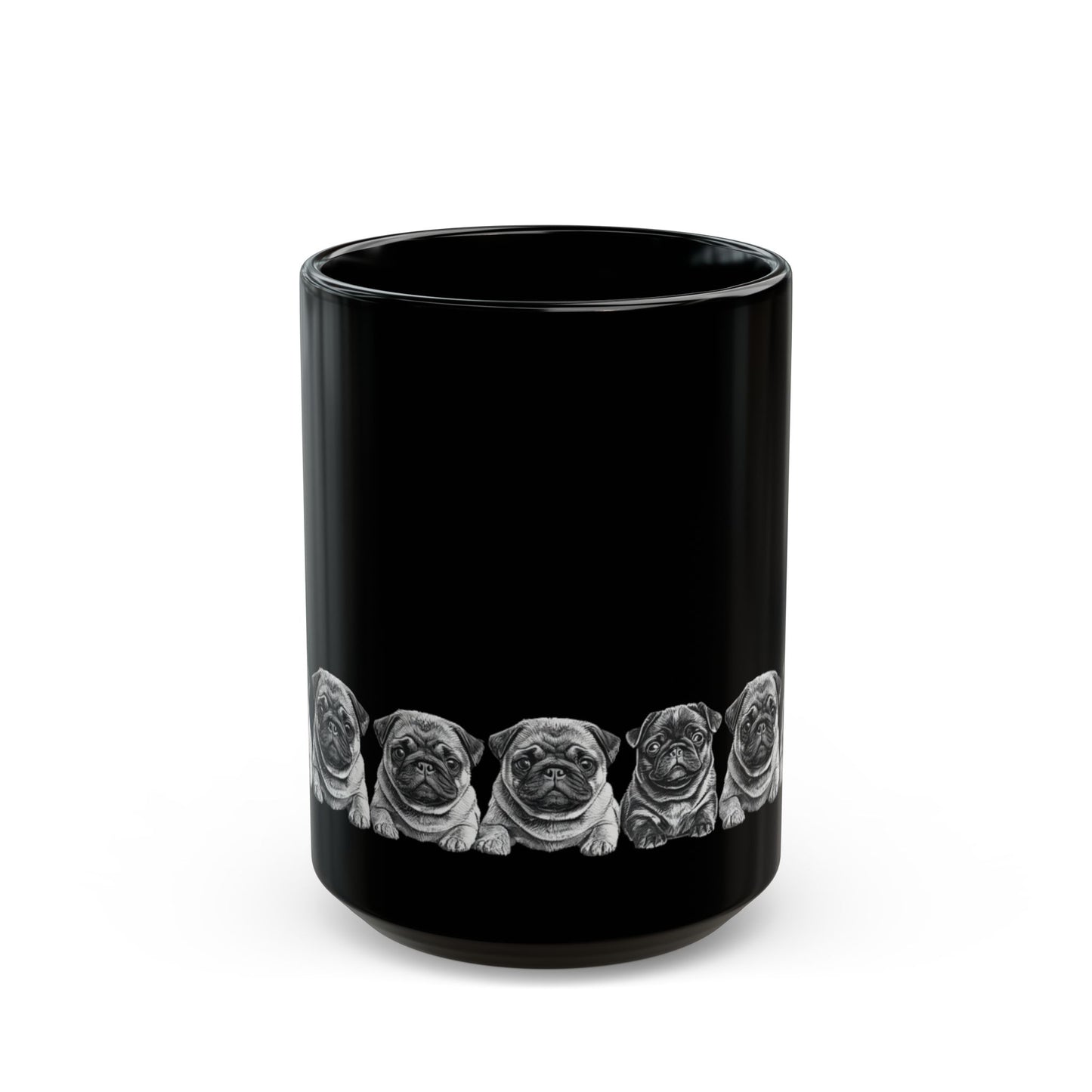 Pug Parade Black Ceramic Mug — 11oz & 15oz Cute Pug Lineup Coffee Cup
