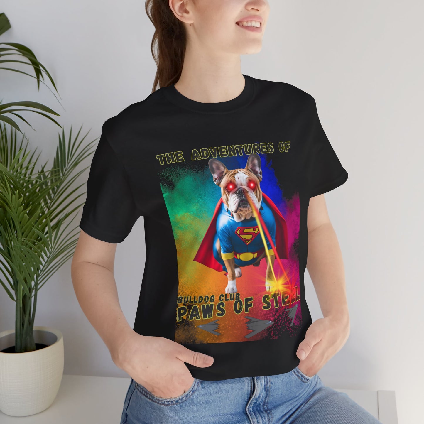 Bulldog Club Paws of Steel T-Shirt in Black — superhero bulldog graphic on Bella+Canvas 3001 — SniffWaggleNWalk™