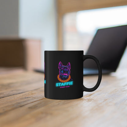Staffie Neon Dog Black Mug — Retro Street Pack Coffee Cup (11oz/15oz)