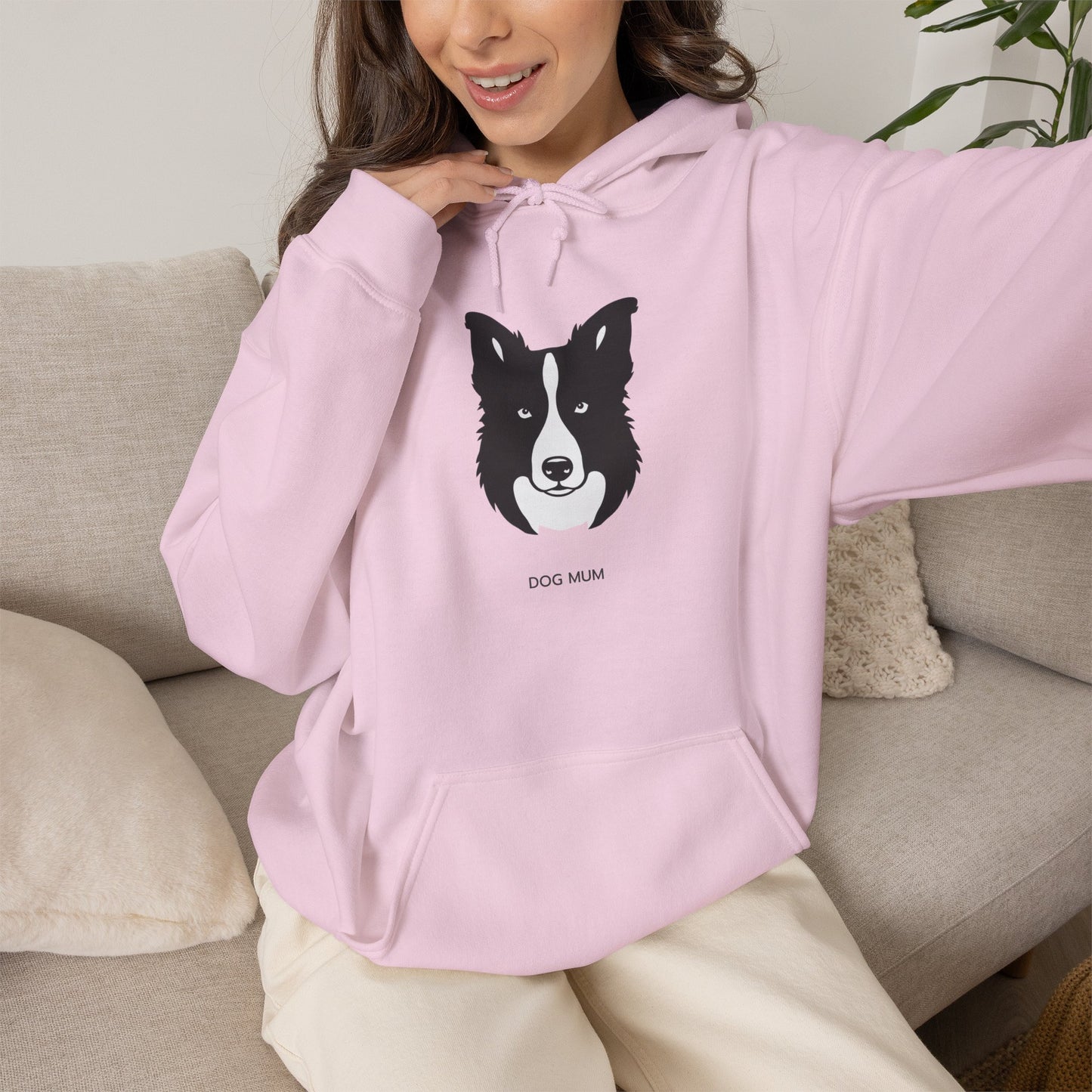 Border Collie Dog Mum line art hoodie in Light Pink