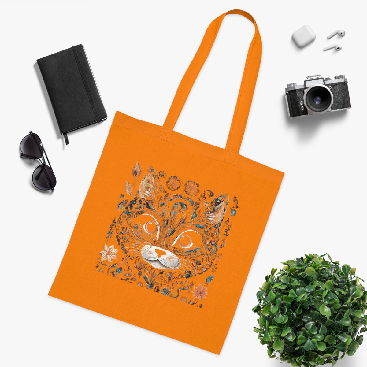 SniffWaggleNWalk™ cat cotton tote — lifestyle carry shot showing handle and bag size