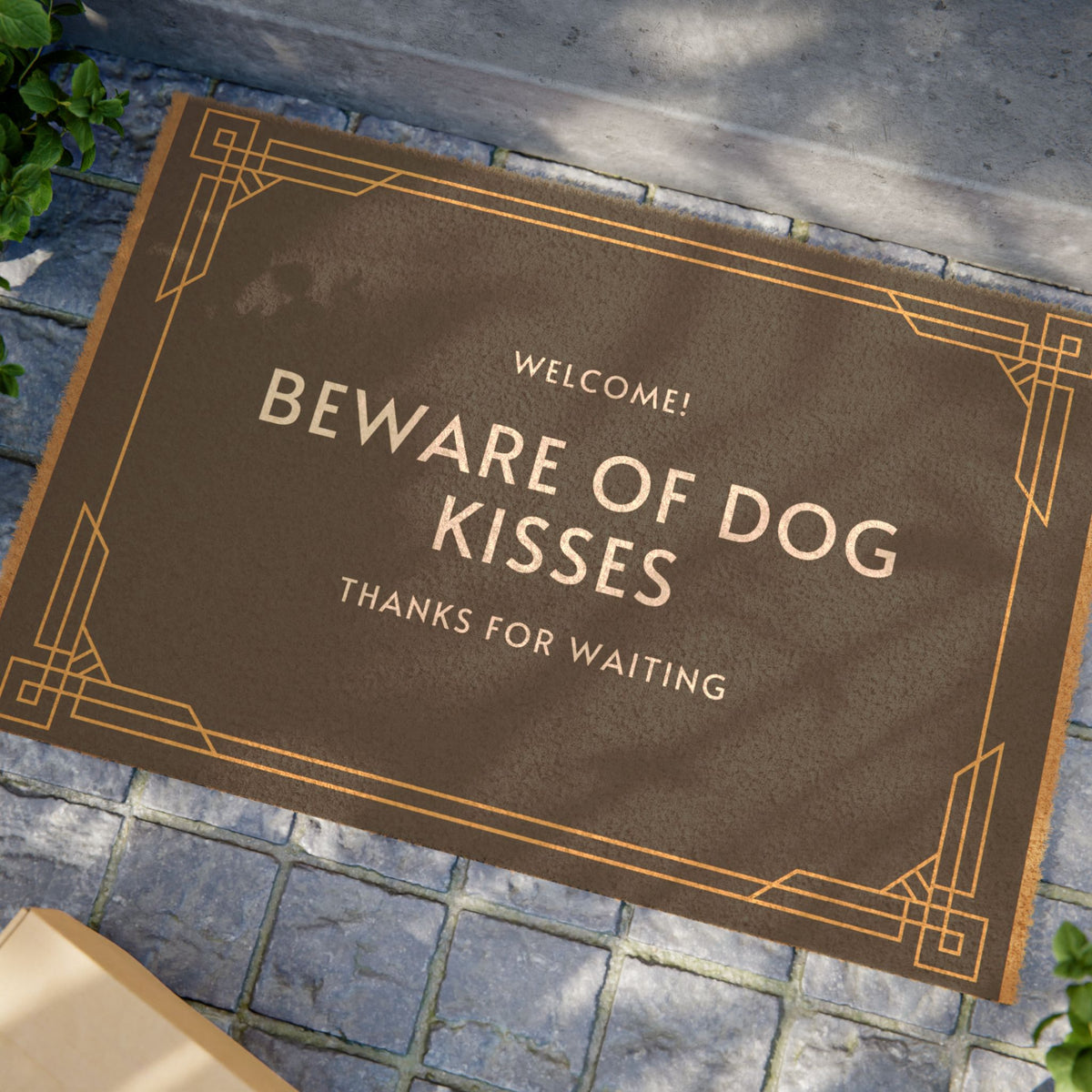 "Welcome, Beware Of Dog Kisses, Thanks For Waiting" Doormat — Eco-Friendly Coir Mat for Dog Lovers, 24x16in — SniffWaggleNWalk PawStep™