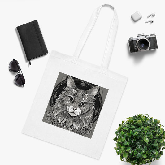 Cat front and back tote bag — lifestyle carry shot showing size and handle length