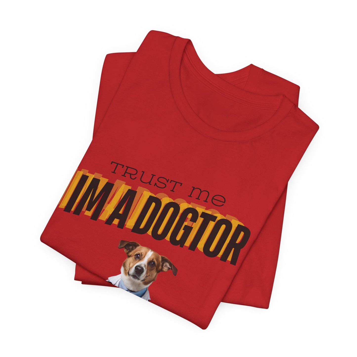 Trust Me I'm a Dogtor t-shirt design detail of the dog in a white coat