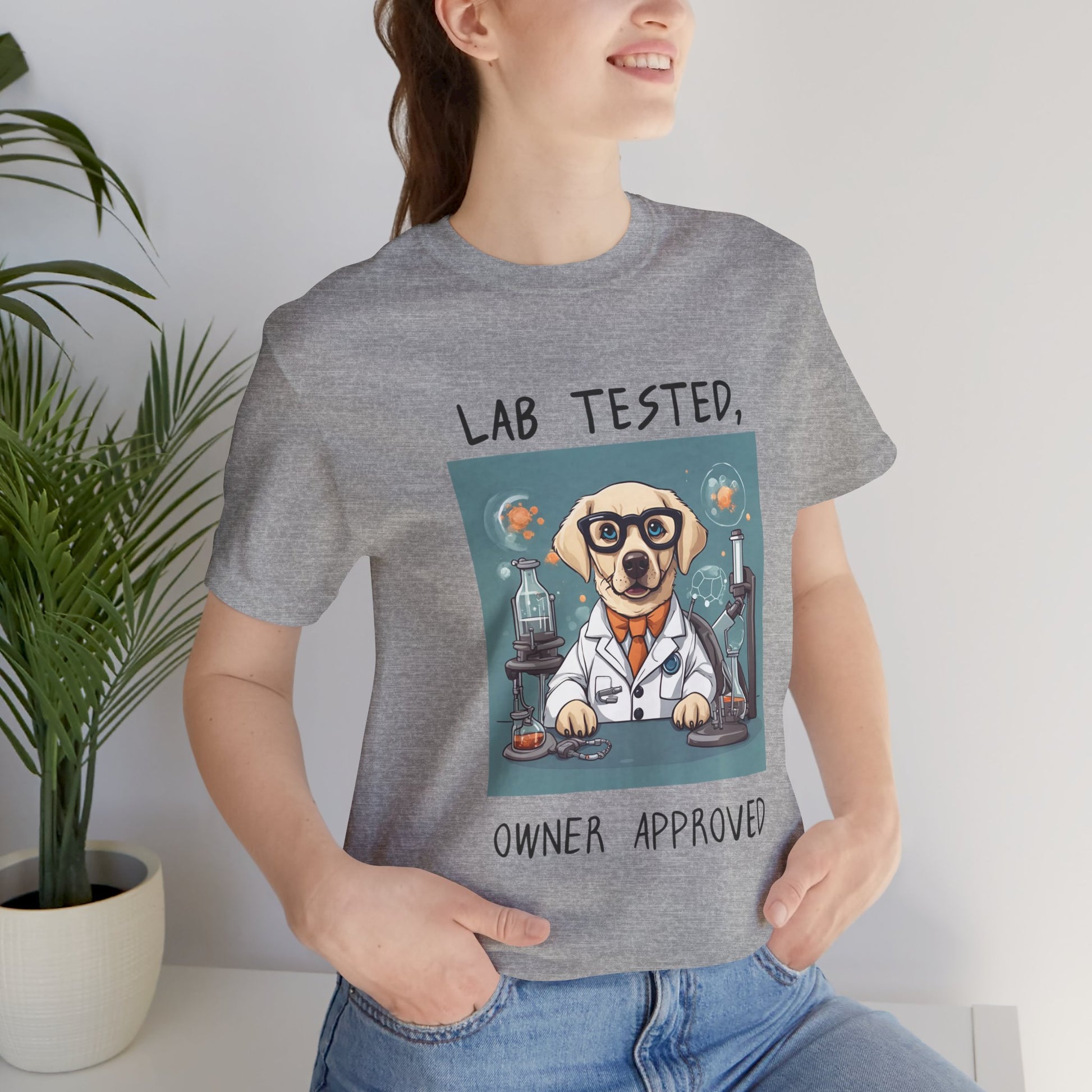 Lab Tested Owner Approved Labrador t-shirt in Athletic Heather worn by a model, front view