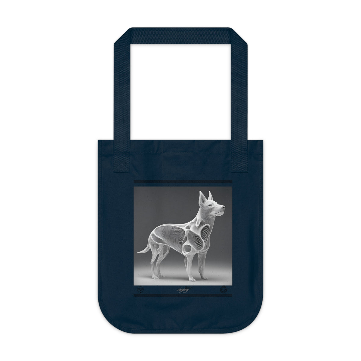 SniffWaggleNWalk™ organic cotton tote bag — side view showing gusseted base and handle length