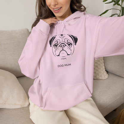 Pug Dog Mum line art hoodie in Light Pink