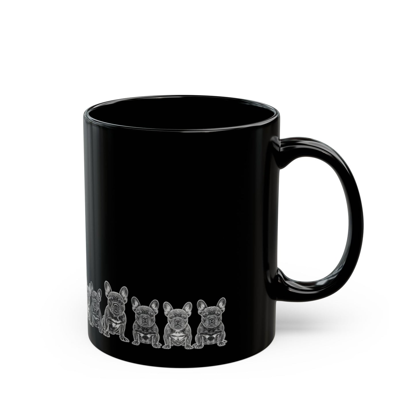 Black Ceramic Mug with Cute Grey French Bulldog Lineup — 11oz & 15oz