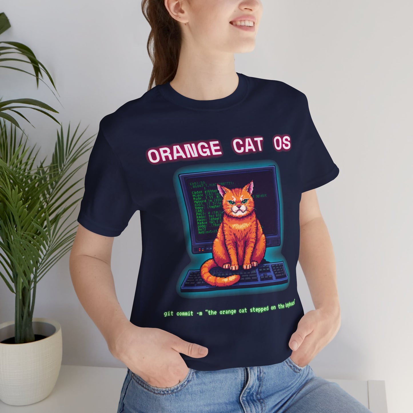 Orange Cat OS T-Shirt — Retro Computer Cat Tee ("Orange Cat OS" with keyboard caption)