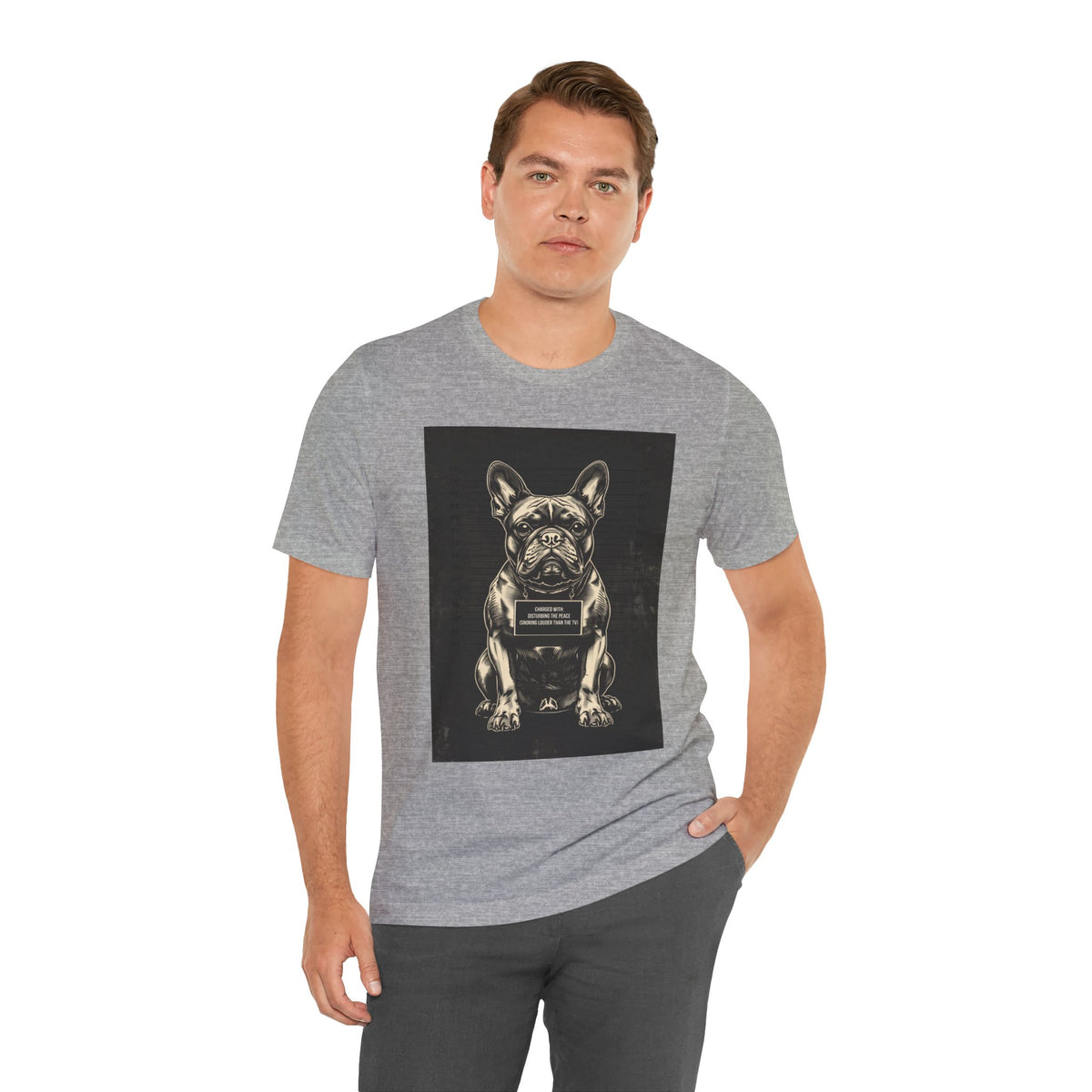 French Bulldog True Crime Night Shift t-shirt, dark grey heather, front view