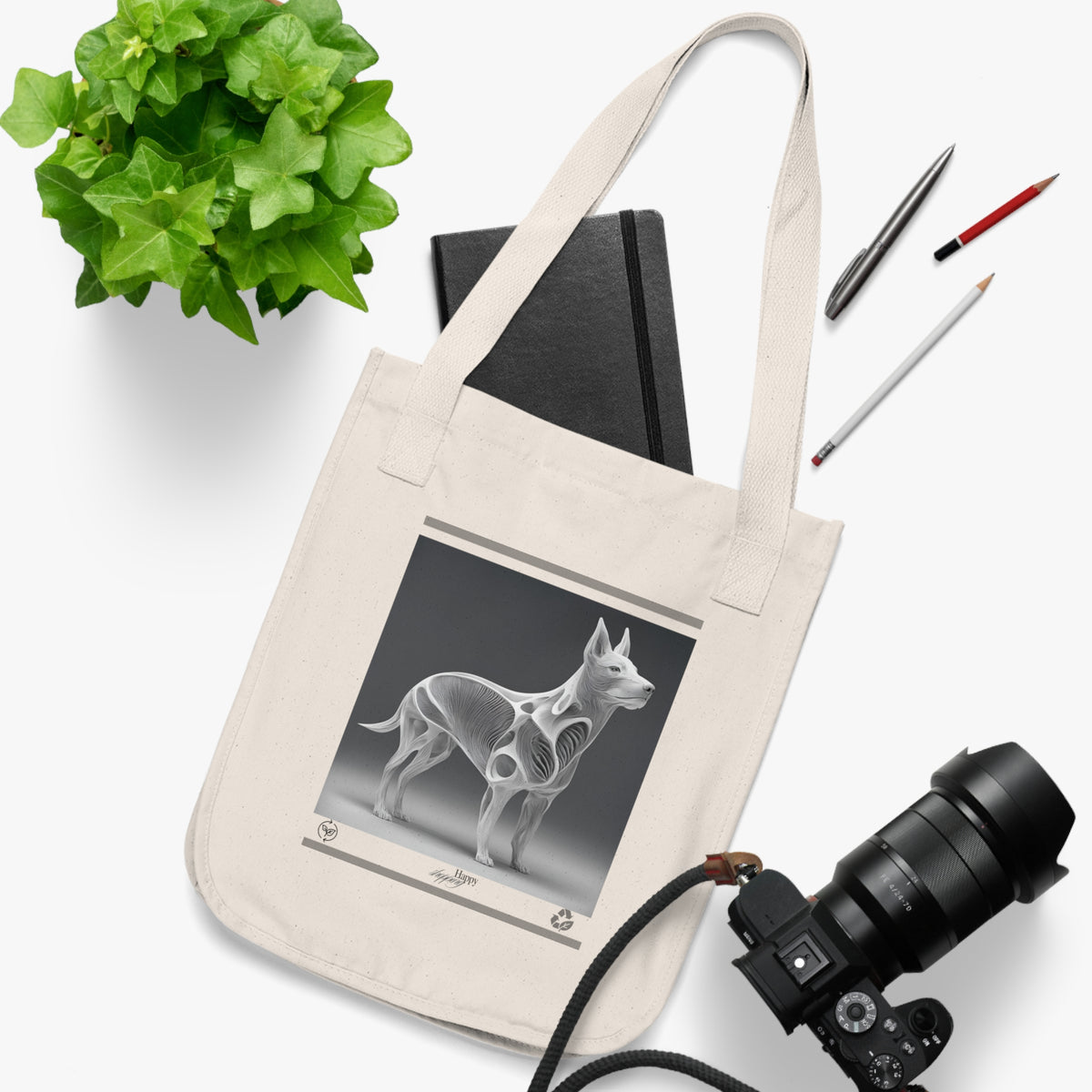 SniffWaggleNWalk™ canvas tote bag in natural cotton with happy dog print design
