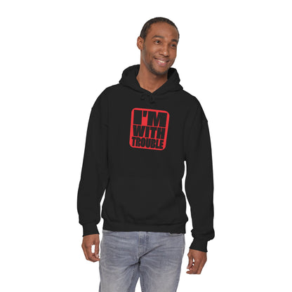 I'm With Trouble Hoodie — bold red graphic on cosy unisex pullover, product photo