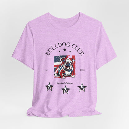 Heather Prism Lilac Bulldog Club graphic tee laid flat showing vintage crest print