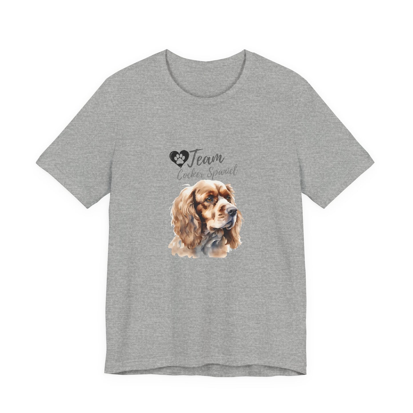 Team Cocker Spaniel watercolour t-shirt in Athletic Heather, flat lay front view
