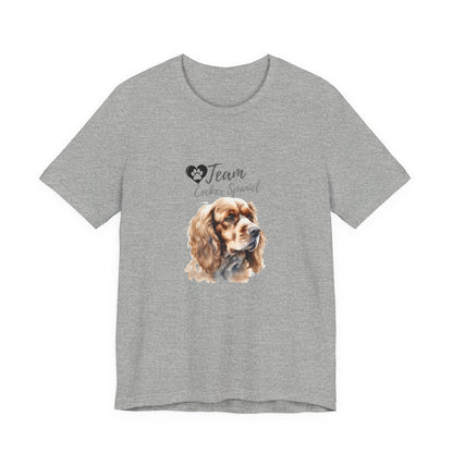 Team Cocker Spaniel watercolour t-shirt in Athletic Heather, flat lay front view